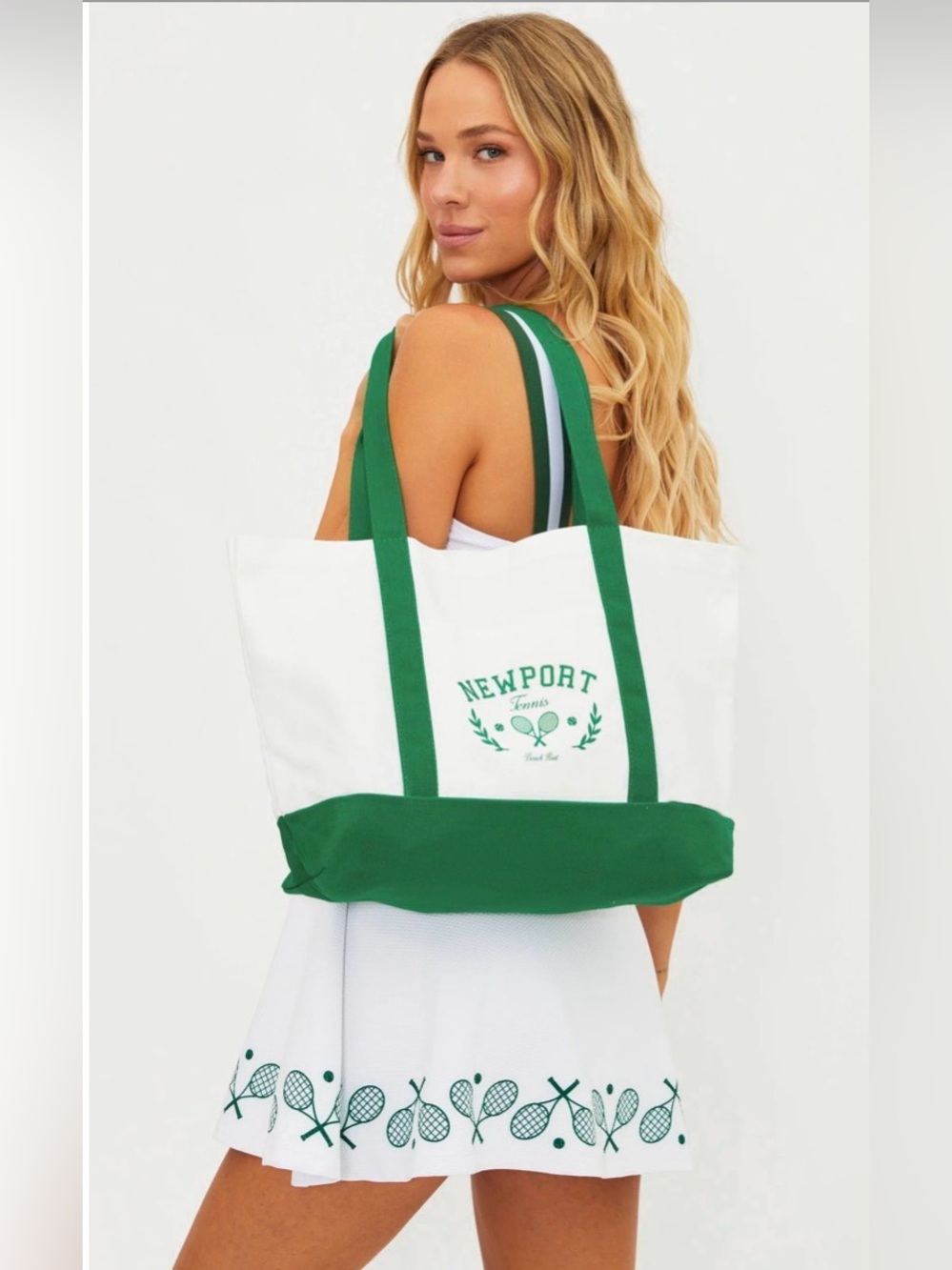 Beach Riot White and Green Canvas Tote with Tennis Logo